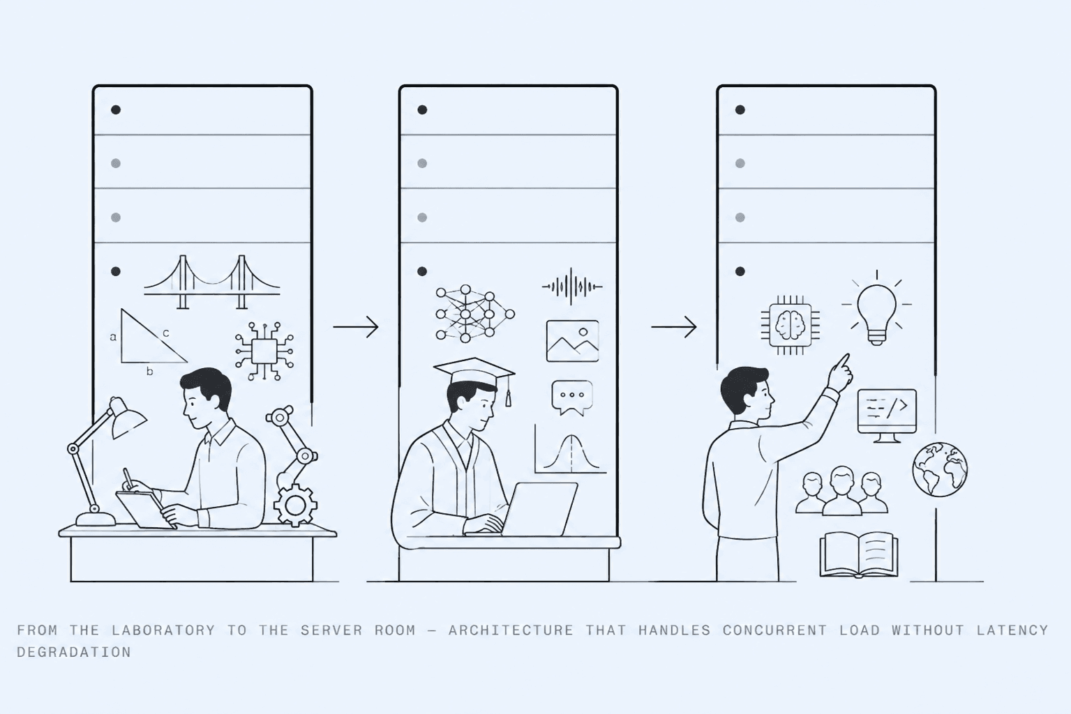 From the laboratory to the server room: three racks showing engineering study, then machine-learning research, then teaching and applied practice.